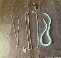 Complete assortment of jewelry on brown fabric including rope chain necklaces, ring, puka shell necklace, arrowhead pendant, small ring and tie clip.