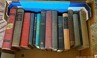 Side view of several vintage hardcover books with titles visible on spines including Life & Work, Mobilized, Medicine in the Middle Ages, Dream of Wit, and The New Business Encyclopedia.