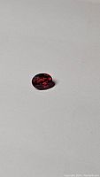 Oval cut ruby gemstone with a rich deep red color and visible internal inclusions, lying on a light surface.