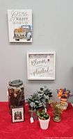 Photo showing assorted faux plants, flower arrangements in various pots, glass jar with pinecones, and plant-themed decorative signs.