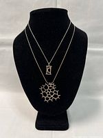 Two silver necklaces displayed on black bust, showing pendants and chain length difference.