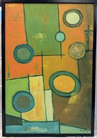 Full front view of framed abstract oil painting on board by Ross Adams with geometric shapes and bright colors.