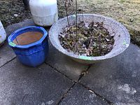 Photo shows the large concrete planter filled with dry leaves beside the smaller blue ceramic planter on concrete ground outside.