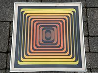 Front view of framed serigraph print showing concentric rounded squares in yellow, orange, brown, and black.