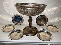 Group view of pedestal dish and six coasters