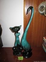 Photo showing the teal and black ceramic cat and swan figurines placed side by side against a wooden background.