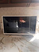 Exterior front view of Panasonic microwave with reflective door and control panel on right side.