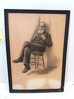 Full view of framed drawing showing elderly man seated in chair, visible staining near bottom.