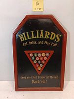 Front view of octagonal wood billiards sign with 3D pool balls and text