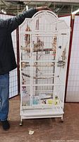 Full view of the white metal parrot cage with a person holding it for scale, showing the height and overall construction.