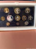 Twelve coins arranged in black-lined case under clear cover.
