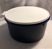 Large navy blue plastic bowl with white lid, shown from the side on a neutral surface.