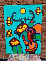 Full view of painting against brick wall showing complete composition and frame