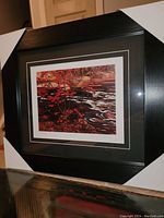Overall photo of the framed print in a dark wood frame with double matting and protective corner covers.