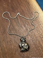 Full view of silver necklace with cat pendant on wooden surface.