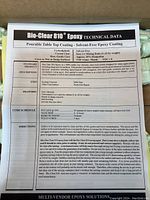 Technical data sheet printed detailing product features, usage, cure schedule, directions, and safety information for Bio-Clear 810 epoxy.