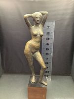 Front view of bronze nude sculpture on wood base with height scale