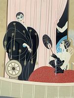 Close-up of scarf design showing two stylized women in a theater box with decorative tassel details.