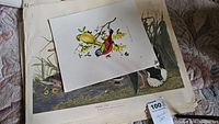 Stack of bird illustration prints showing colorful birds and foliage with visible print of a mallard duck in natural environment.