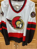 Front view of the white CCM Ottawa Senators NHL jersey featuring embroidered Ottawa Senators logo on chest and shoulder patches. Red and black collar and sleeve accents.