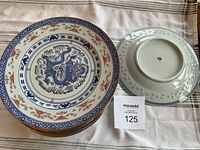 Close-up view of the top side of the porcelain plates with blue dragon motif and red and blue border patterns.