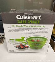 Box packaging showing Cuisinart Salad Spinner branding, features, and usage description.