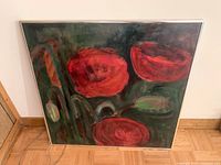 Front view of framed original painting on board showing large red flowers with green and black background.