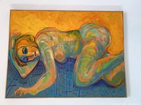Front full view of the original painting showing the abstract nude figure with vibrant colors and textured brushstrokes.