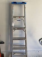 Front view of the Reynolds aluminum ladder showing all six rungs and blue tray top