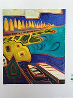 Full view of abstract painting on canvas showing vivid colors and shapes