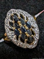 Close-up front view of oval shaped sterling silver ring with multiple marquise sapphires and decorative accents.