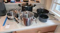 Overview of all pots and pans on countertop showing stainless steel cookware and cast iron pieces including Dutch oven and skillets.