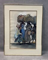 Full view of framed artwork showing four women in traditional attire carrying baskets and bundles on their heads.