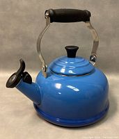 Blue enamel whistling stovetop kettle with black handle and spout cover