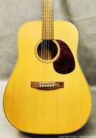 Front view of the guitar showing body shape, strings, bridge, and pickguard.