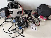 Overview of Sony DSC-H300 on box, Canon mirrorless, red PowerShot, cases, chargers and cables