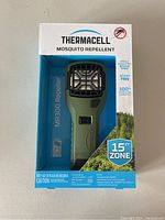 Front view of Thermacell MR300 mosquito repellent in original box showing the device and packaging info