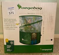 Front of Vegebag box with product image, size 56cm diameter by 80cm height, features and Chelsea Flower Show award noted.