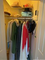 Closet view showing costumes hanging, fur hat, straw hats, felt hat, blue hat box, and wigs on hangers.