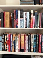 Two shelves with a collection of assorted novels and fiction books including works by notable authors across different genres.