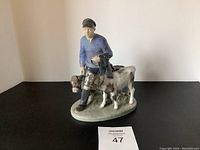 Front and side view of Royal Copenhagen figurine showing boy holding two calves, displayed on a black surface with a MaxSold placard.