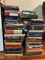 Four tall stacks of books on the floor against a textured wall