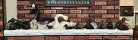 Overview of all wooden decoys, oilcloth decoys, and brass figurines arranged on mantel.