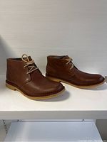 Side angle view of brown leather UGG men's ankle boots with light tan laces showing the design and sole.