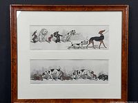Full framed lot showing two original Boris O'Klein etchings under glass in vintage wood frame with white mat, measuring 22x25 inches
