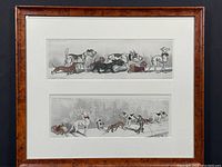 Full view of both vintage Boris O’Klein dog etchings framed together in wood frame, showing size and condition.