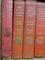 Photo showing 5 volumes including Diary of Simeon Perkins 1764-12 and early volumes of Lord Minto's Canadian Papers and Captain Bayfield's Survey Journals.
