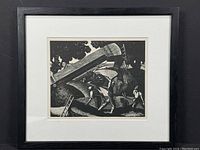 Framed woodcut print titled June: Hay-making by Clare Leighton, showing full view of framed artwork.