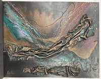 Full view of the large abstract painting on canvas showing textured relief elements in turquoise, bronze, and gold tones on a dark background.