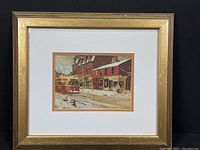 Full view of the vintage gilt framed print showing Toronto winter street scene with snow, red streetcars, and brick buildings.